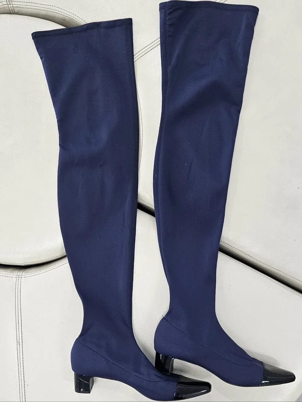 Zara Women's Navy Over-the-Knee Stretch Boots with Patent Toe